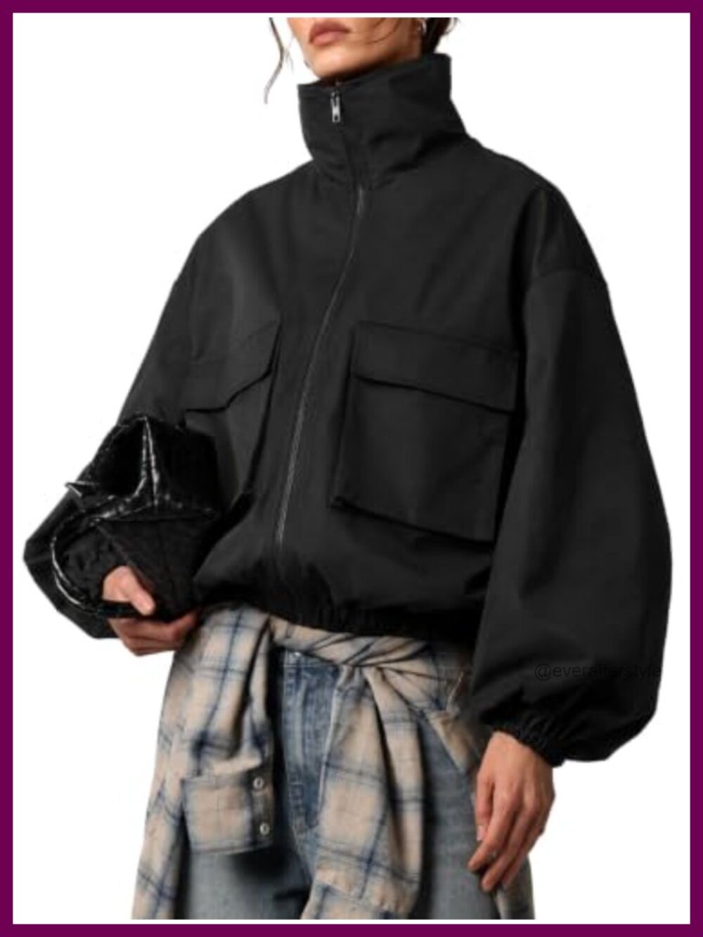 Women Short Bomber Jacket Fall Funnel Neck Cropped Trench Coat Zip Utility